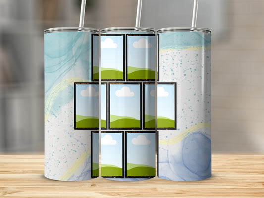 Tumbler with abstract blue watercolor design and multiple film strip photo placeholders.