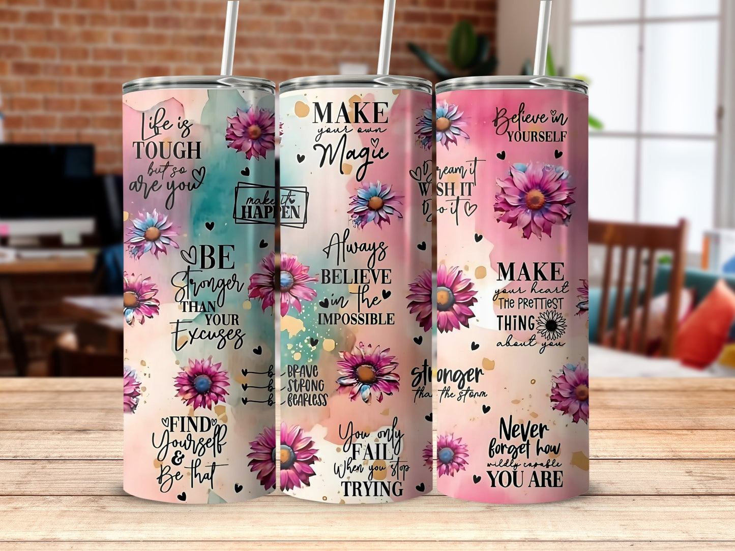 Inspirational Floral Tumbler with Uplifting Quotes
