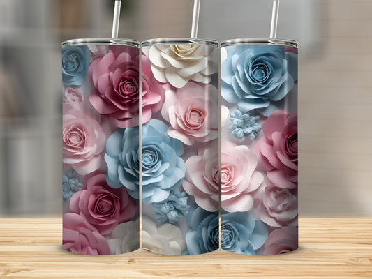 Three tumblers with a floral pattern of pink, blue, and white roses.