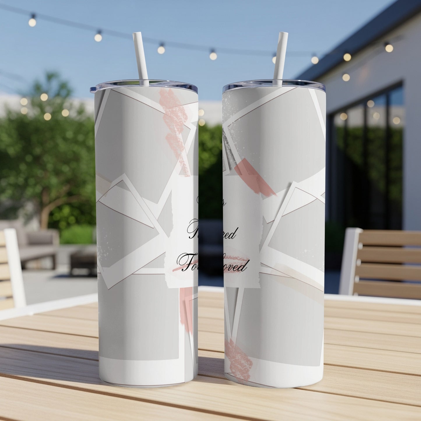 Two tumblers with "Cherished Forever Loved" text and abstract art.