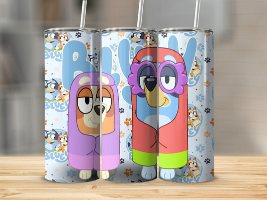 Two Bluey characters, Bingo and Bluey, on patterned tumblers with straws.