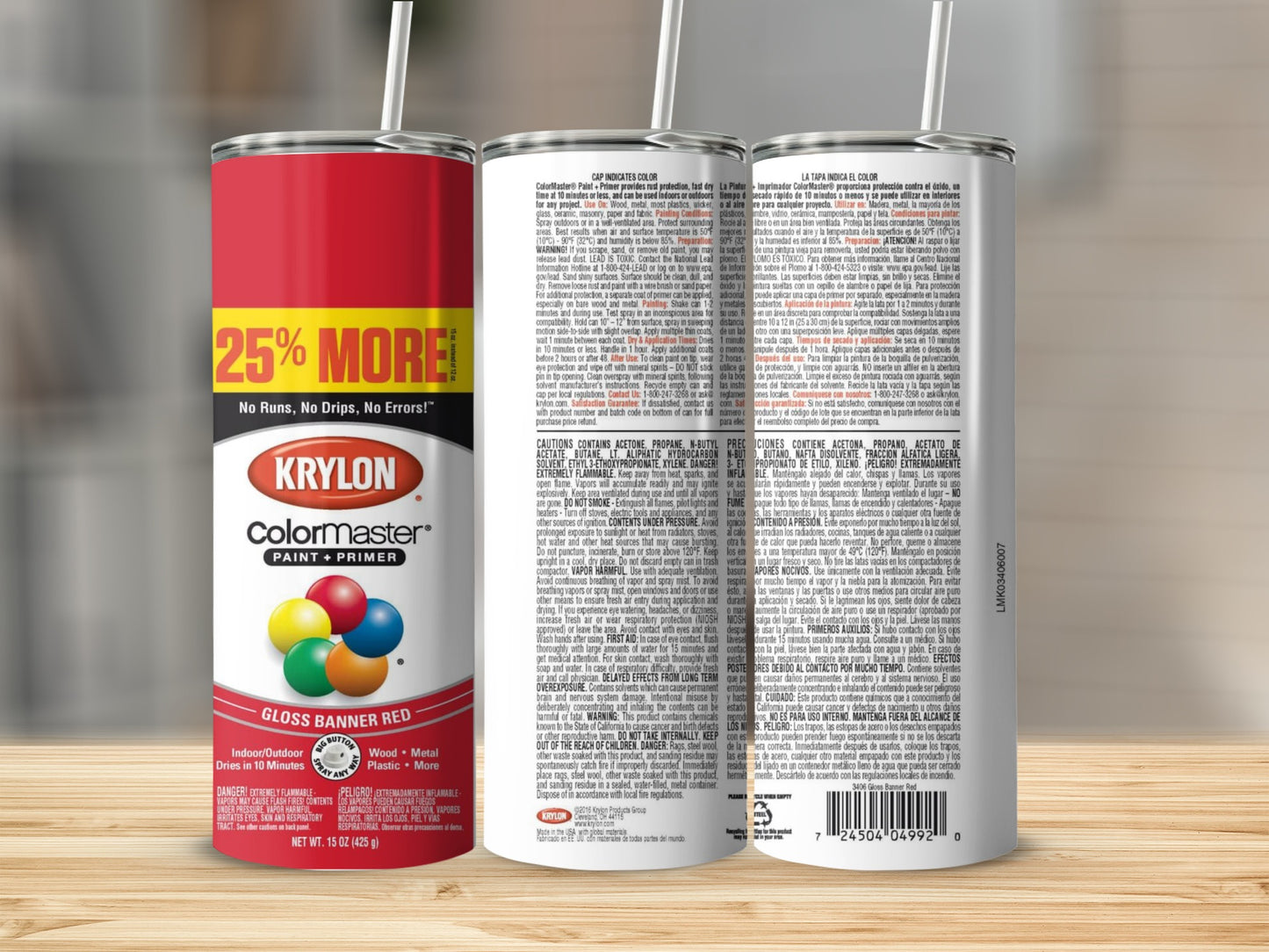 Krylon Colormaster Gloss Banner Red spray paint can with text details.
