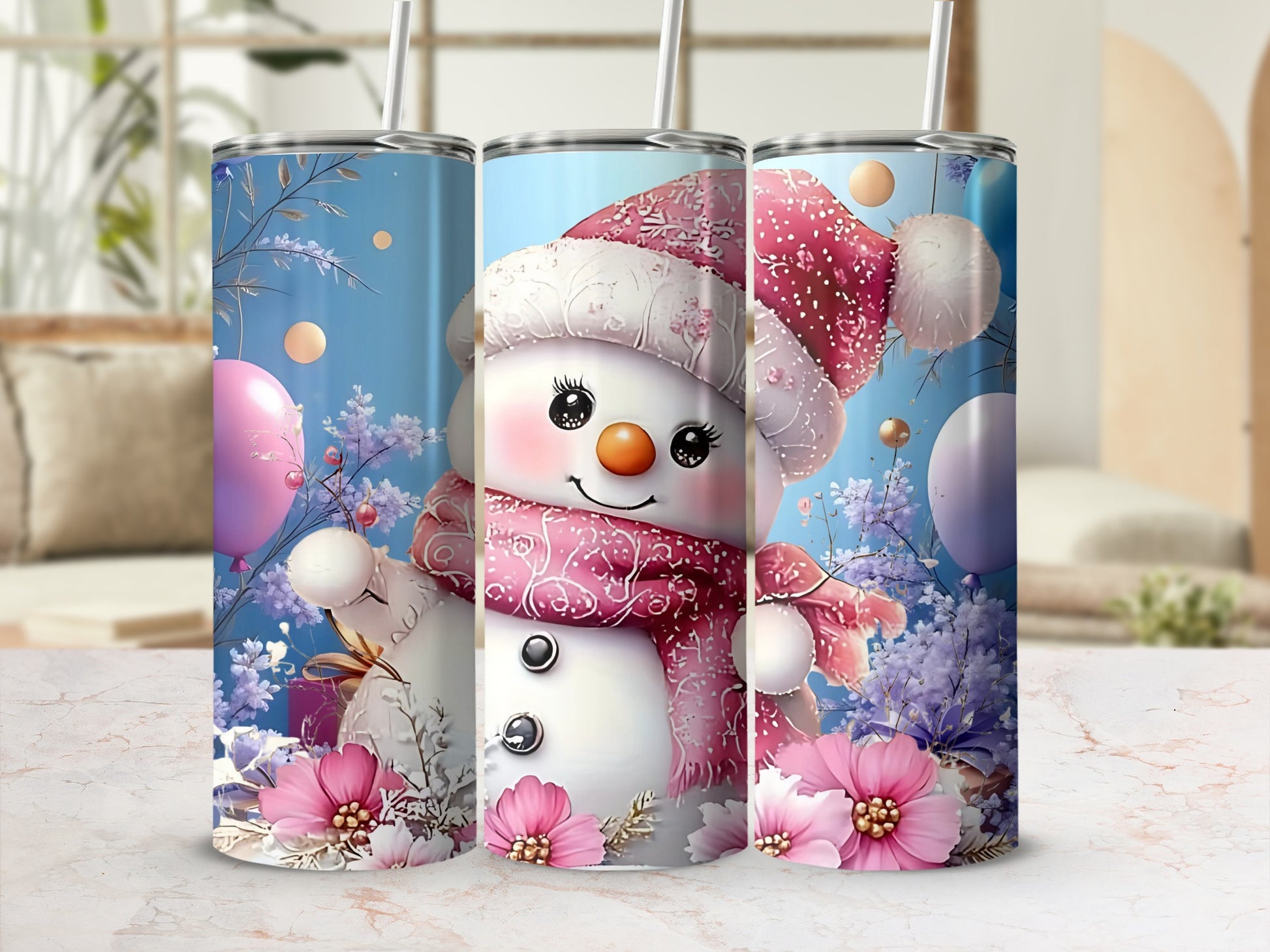 Cute Frosty Snowman with Floral and Balloon Tumbler