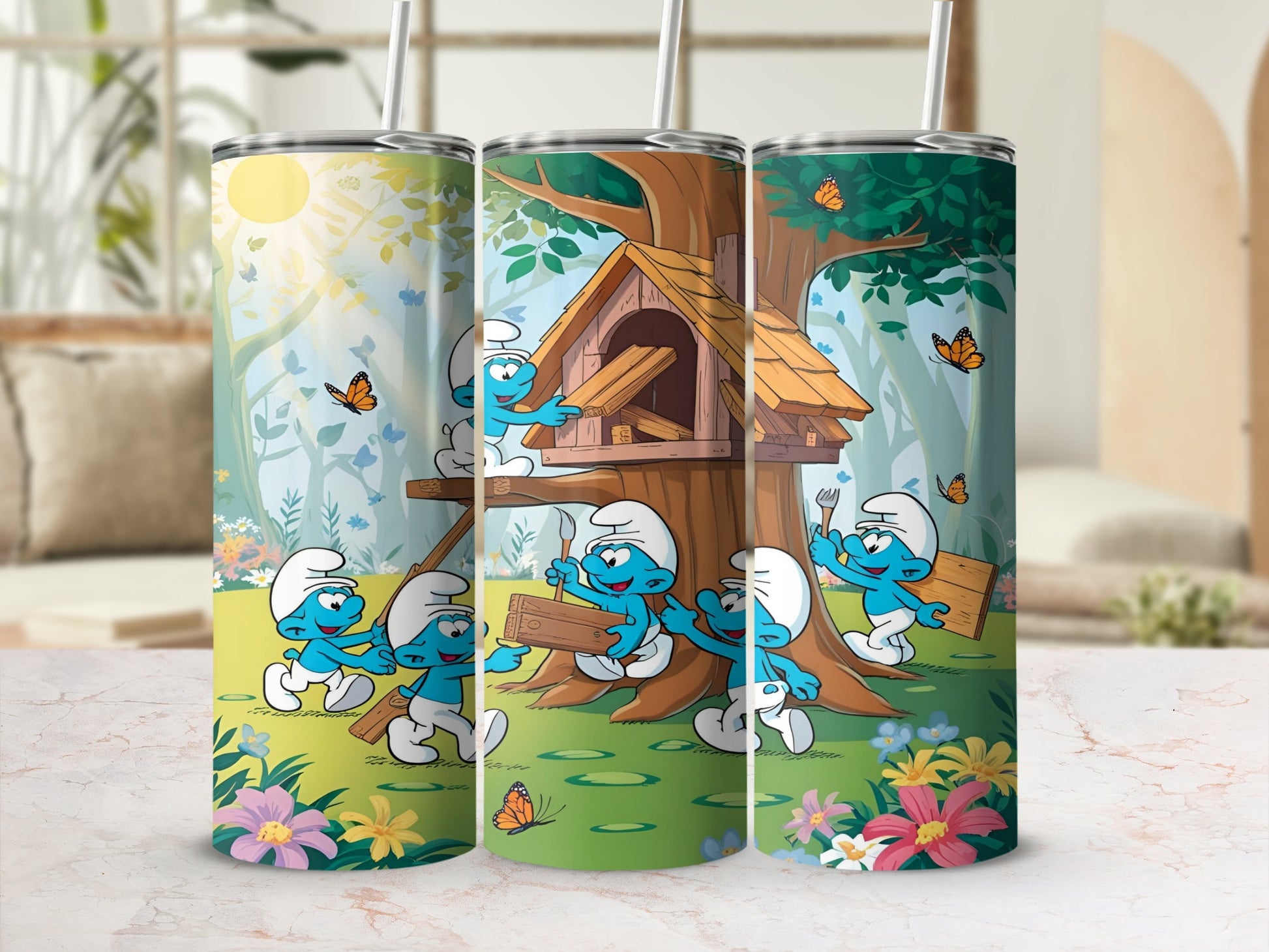 Smurfs building a birdhouse in a garden with butterflies.