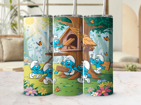 Smurfs building a birdhouse in a garden with butterflies.