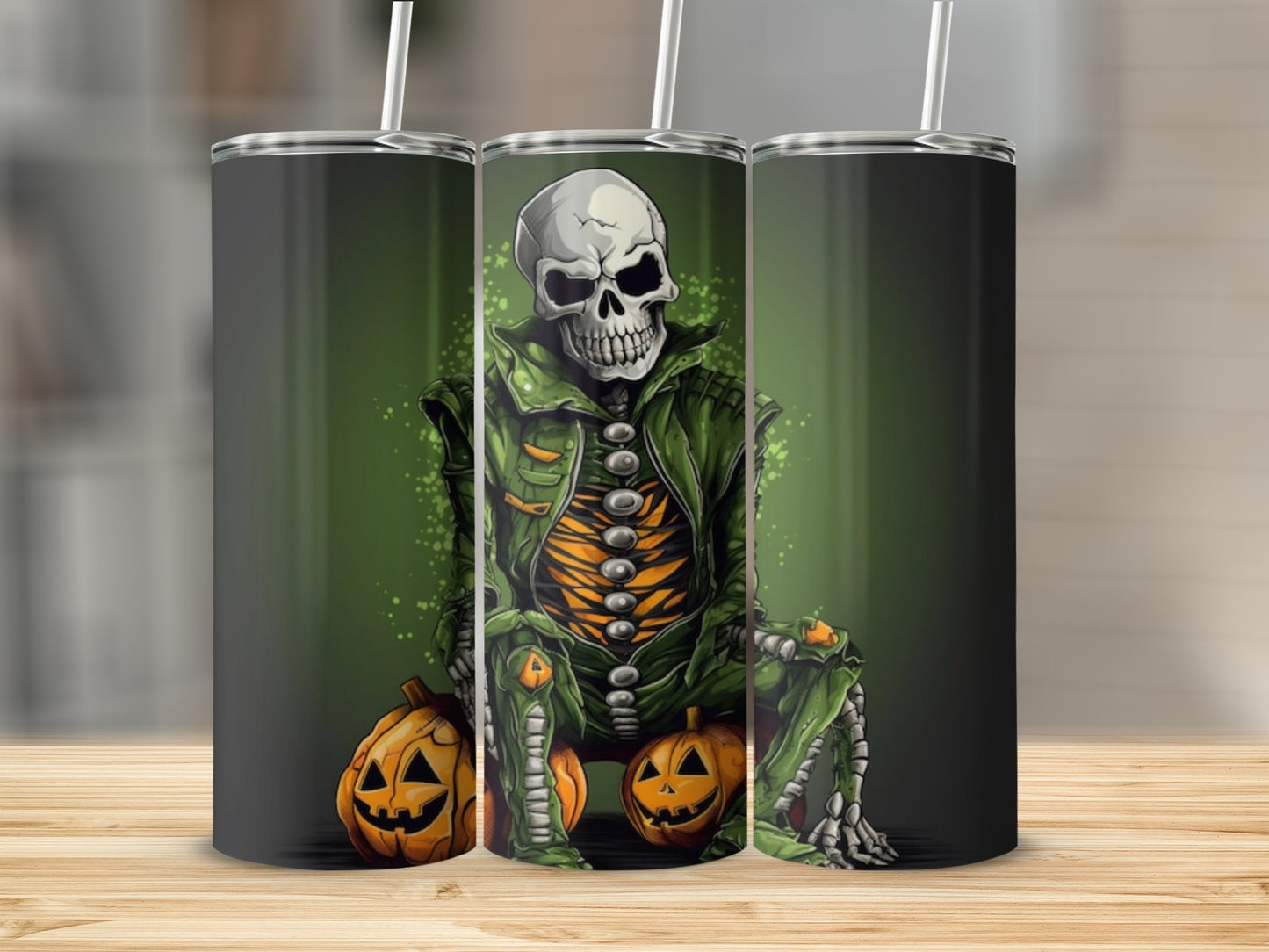 Skeleton in green jacket sitting on pumpkins, on a tumbler.