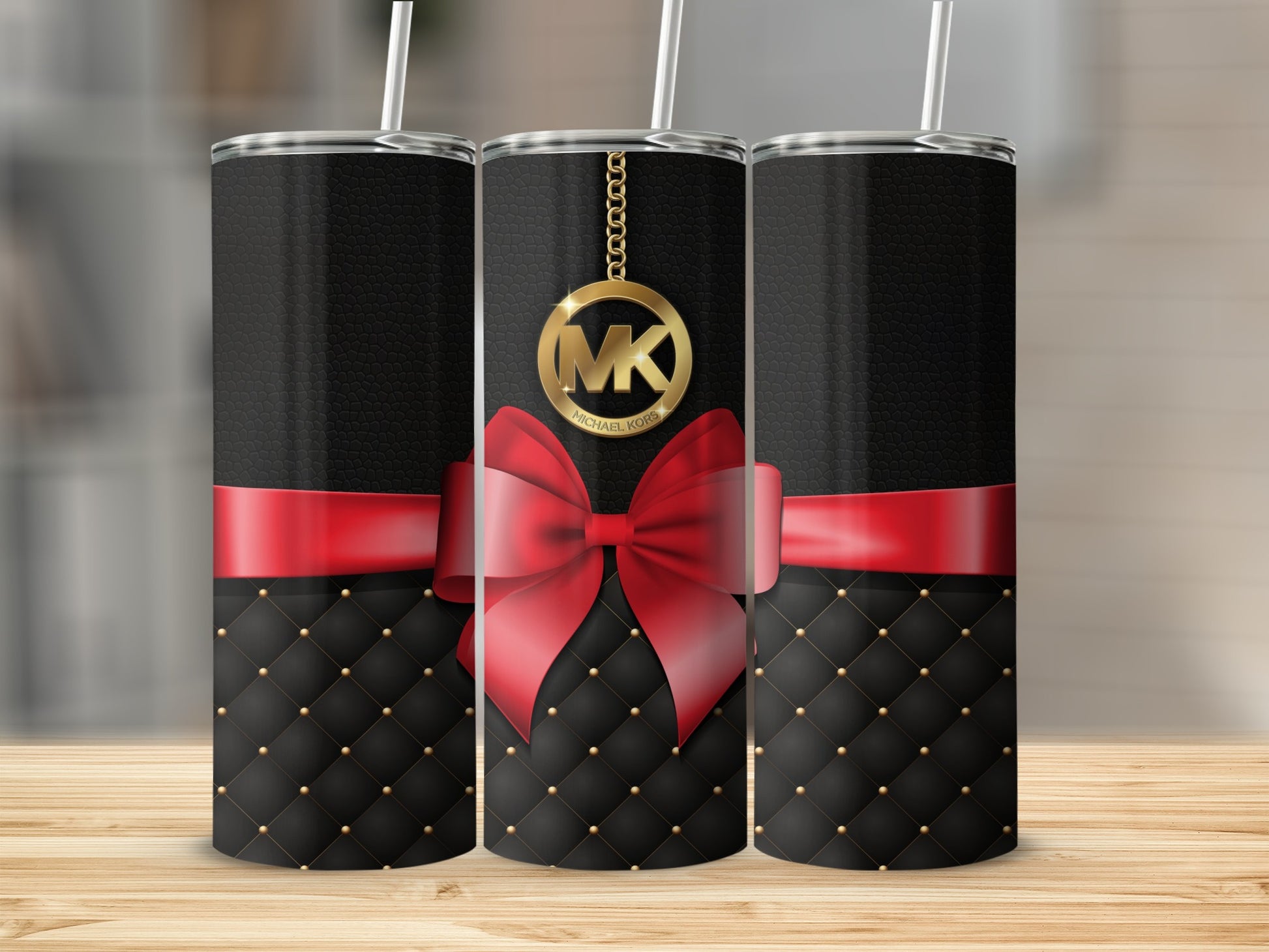 Elegant Black and Red Ribbon Tumbler with Gold MK Charm