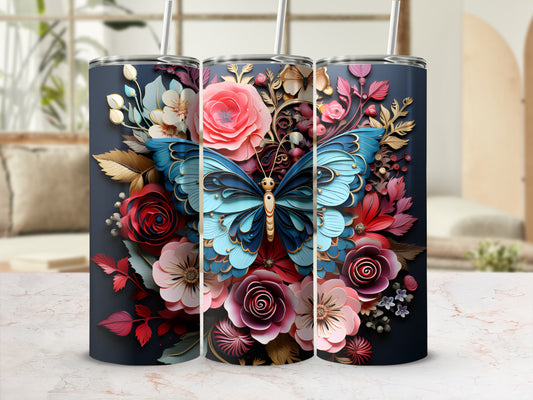 Blue butterfly on floral arrangement, dark background, digital art tumbler mockup.