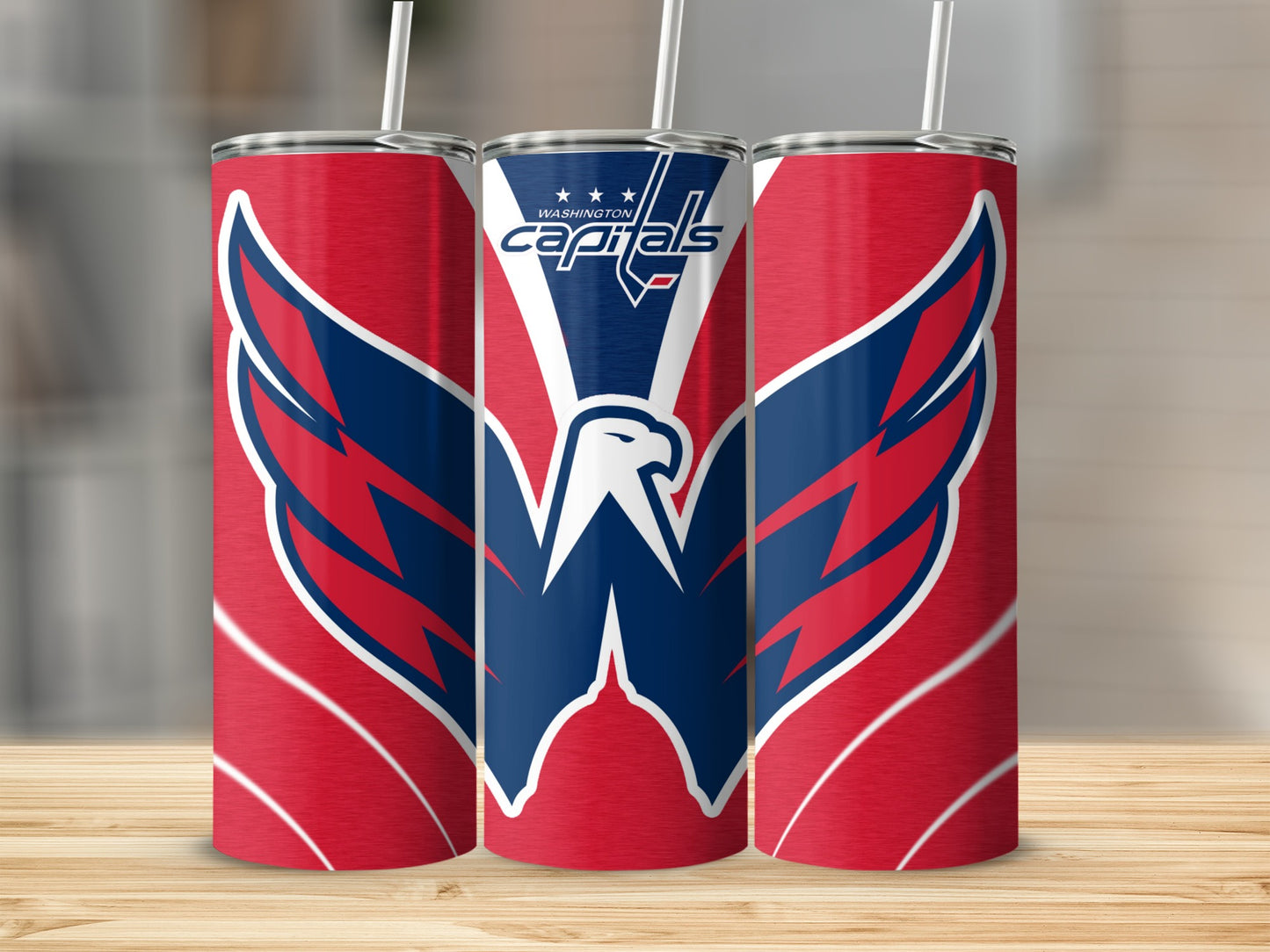 Three Washington Capitals tumblers with patriotic eagle and lightning bolt designs.