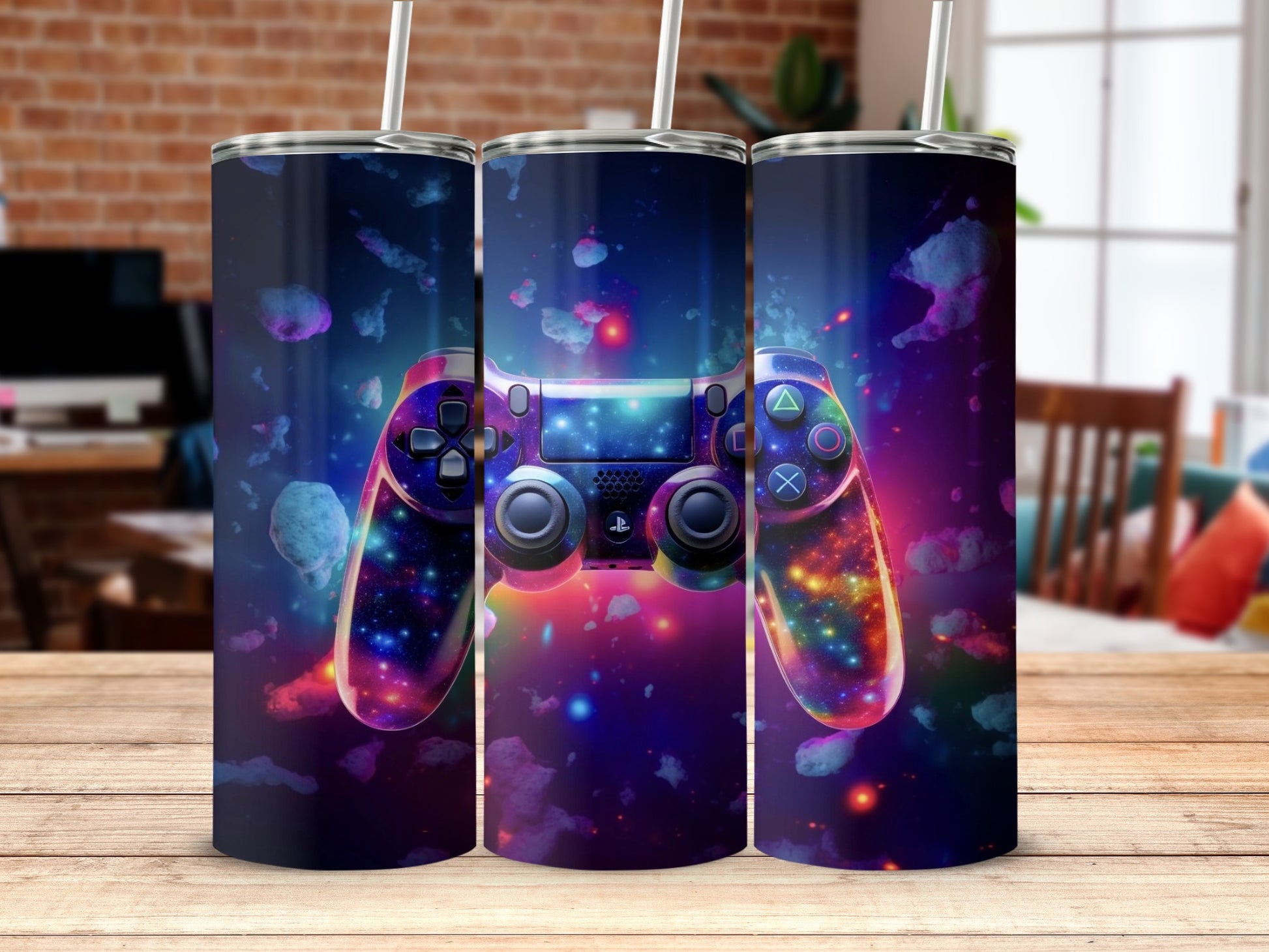 Vibrant Gaming Controller Tumbler with Cosmic Design