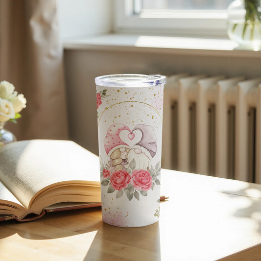 Adorable Gnome Couple with Pink Roses Travel Tumbler