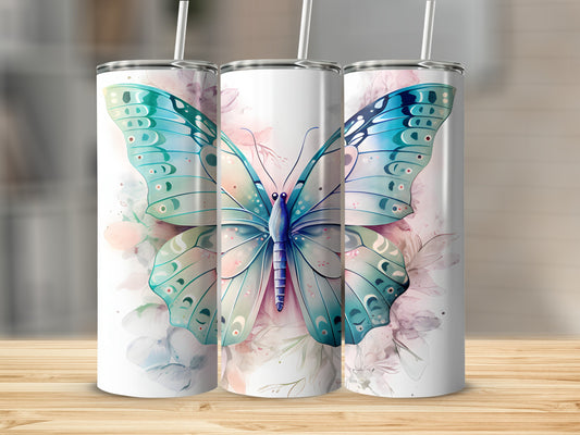 Three tumblers featuring a watercolor butterfly with blue and green wings.