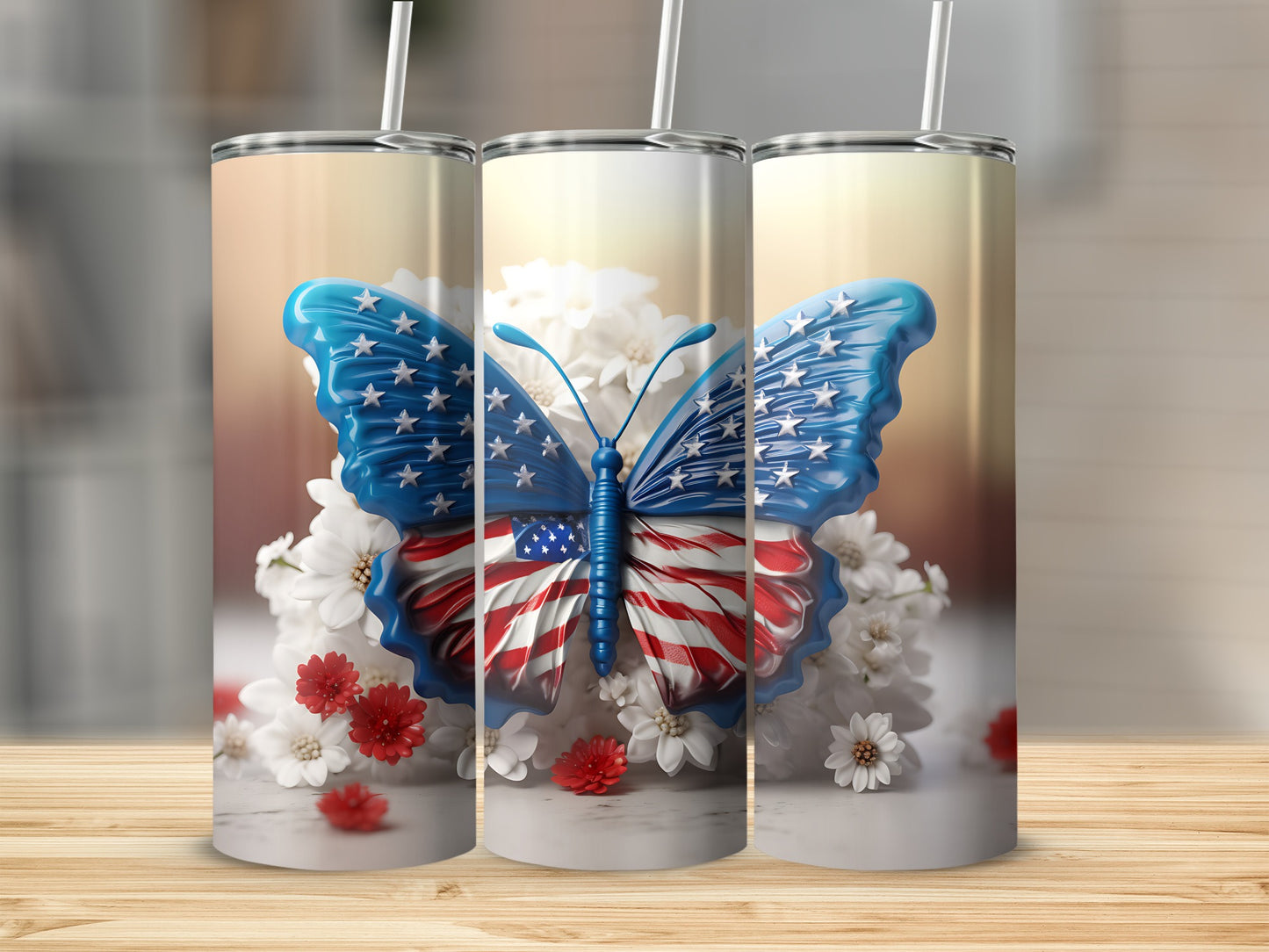 Three tumblers with American flag butterfly design on white flowers.