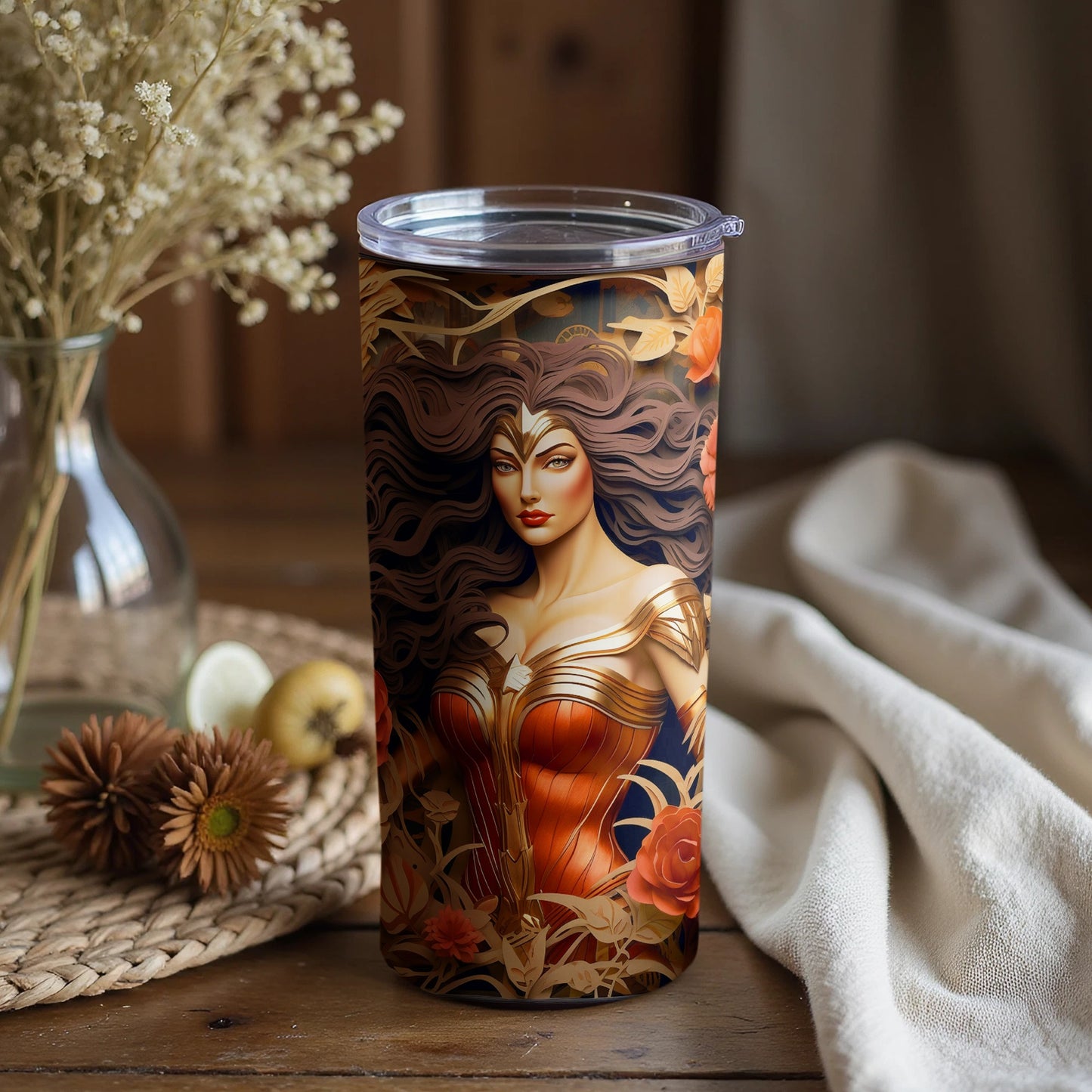Elegant Feminine Warrior Design Travel Tumbler