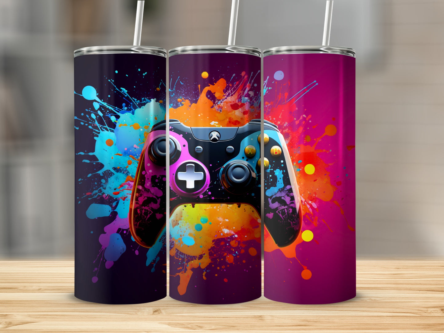 Colorful Gaming Controller Splatter Art Tumbler