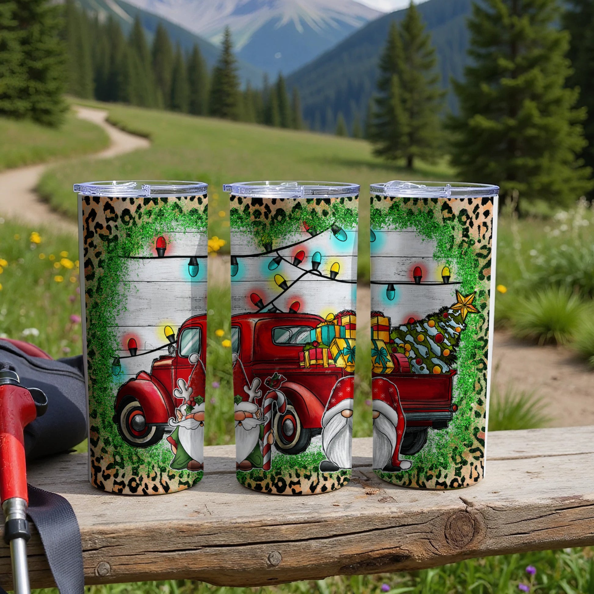 Red truck with gnomes, gifts, and Christmas tree on rustic wood background.