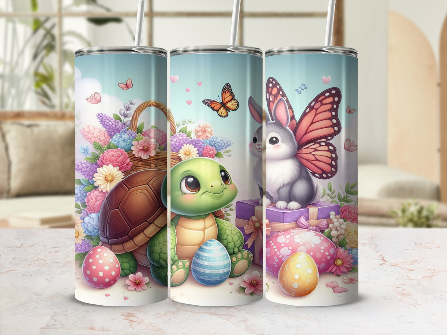 Easter tumbler designs with a turtle, bunny, and Easter eggs.