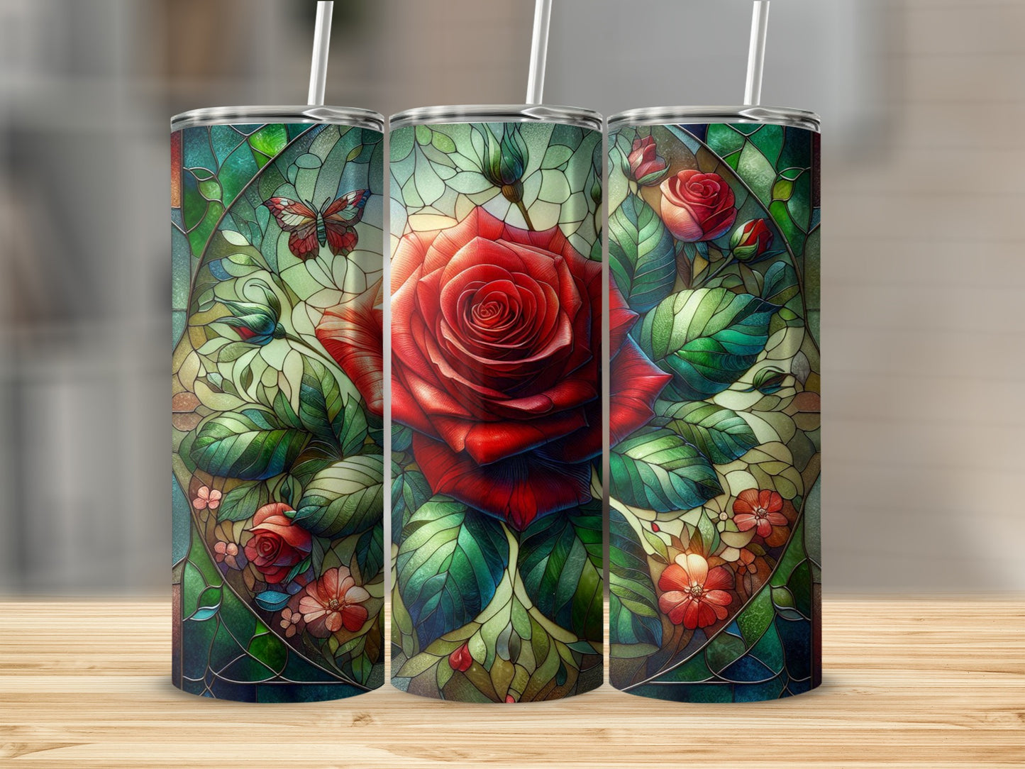 Three tumblers featuring stained glass rose and butterfly designs.