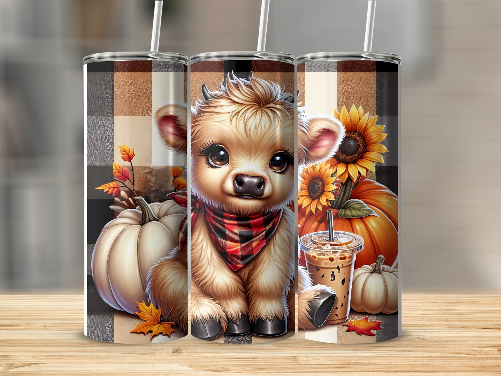 Fluffy baby cow with sunflowers and pumpkins, holding iced coffee.