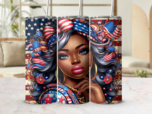 Woman with patriotic hairstyle and makeup, stars and stripes design.