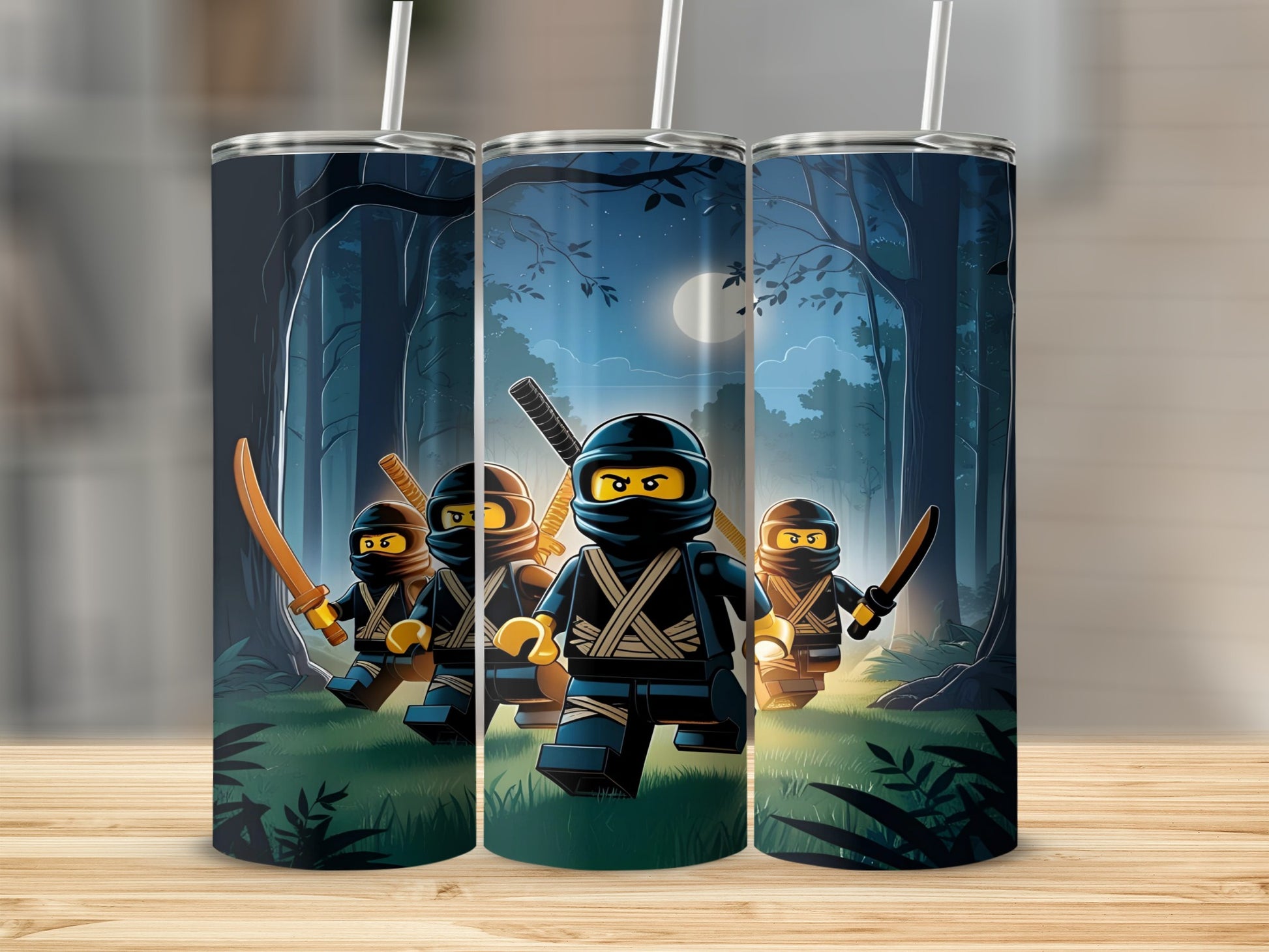 Three Lego Ninjago characters in a forest at night.
