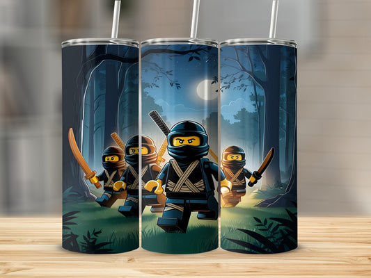 Three Lego Ninjago characters in a forest at night.