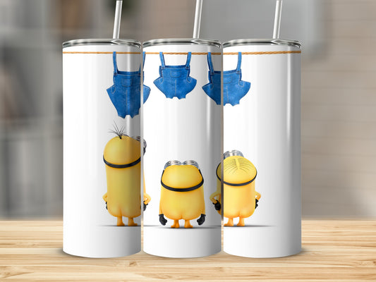Three Minions with denim overalls hanging from a clothesline.