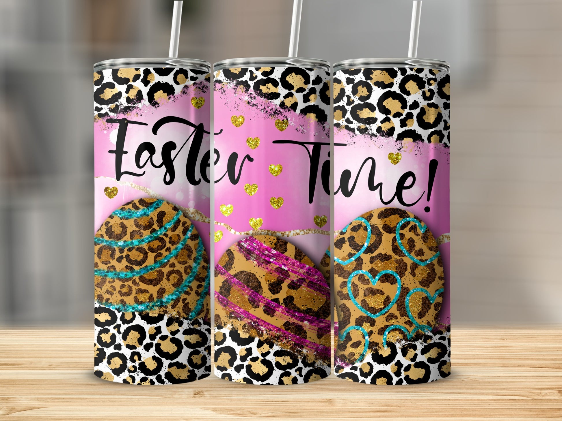Easter Time! tumbler with leopard print and hearts.