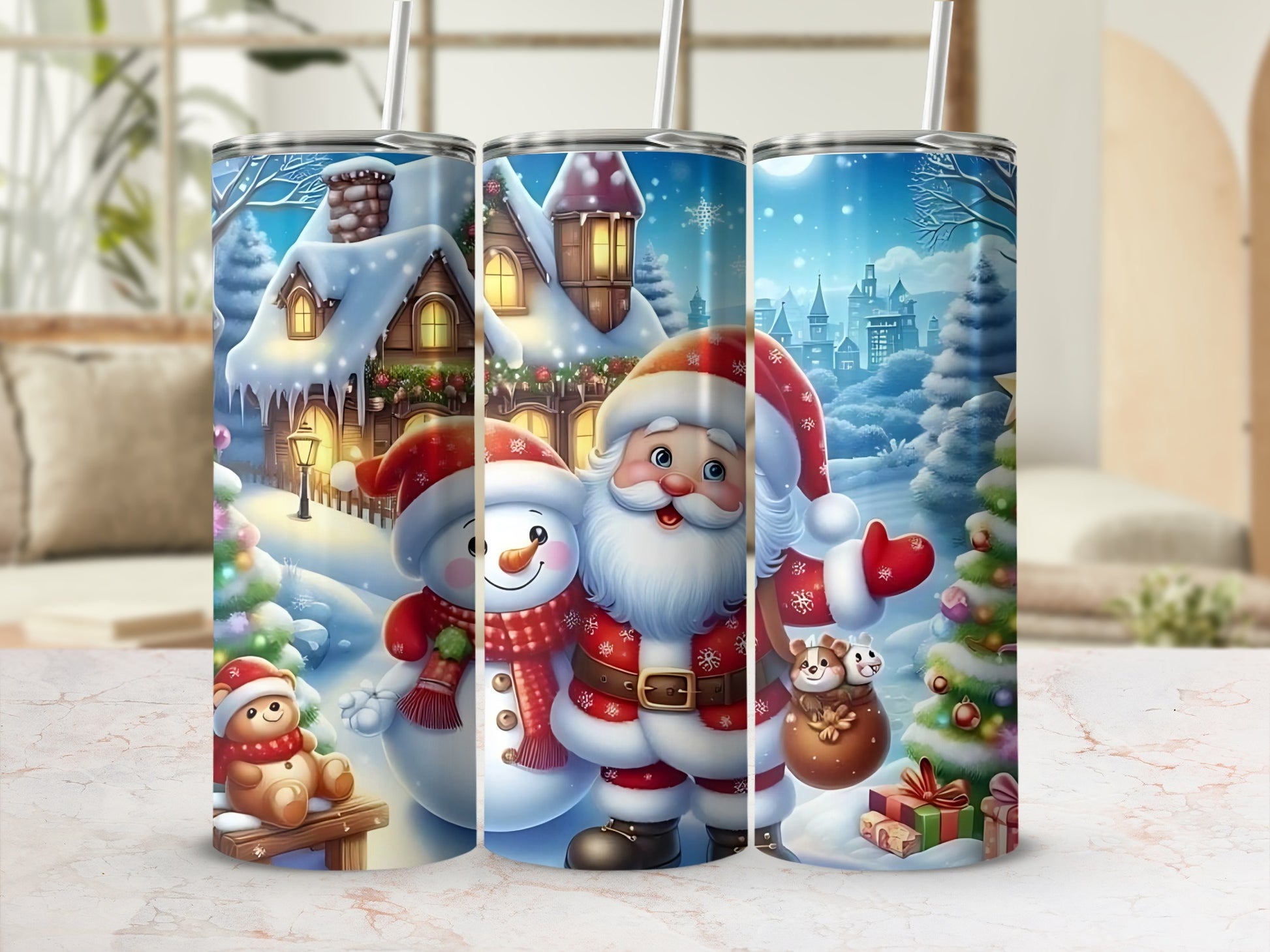 Festive Christmas Santa and Snowman Tumbler Cup
