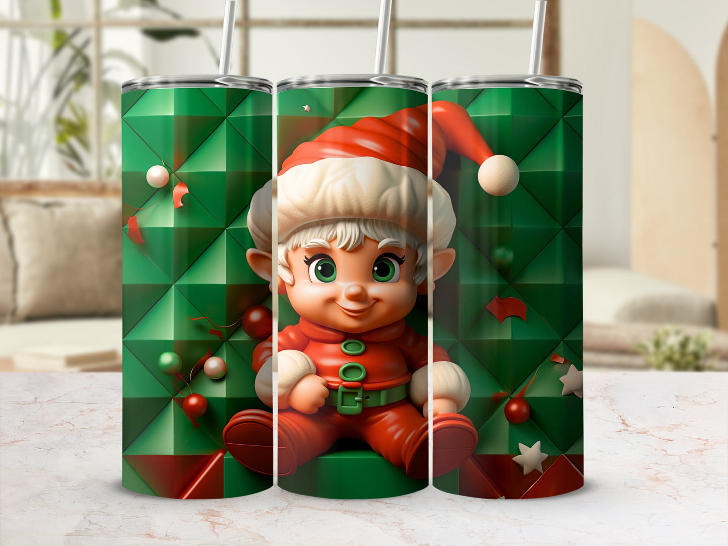 Cute Christmas Elf Design Green Background Tumbler