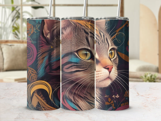 Three tumblers featuring a close-up portrait of a cat with ornate floral designs.