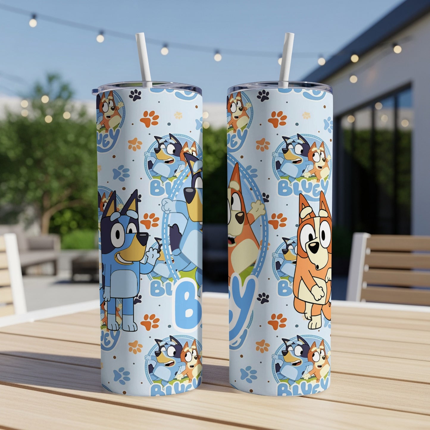 Bluey and Bingo characters on a patterned tumbler with straw.
