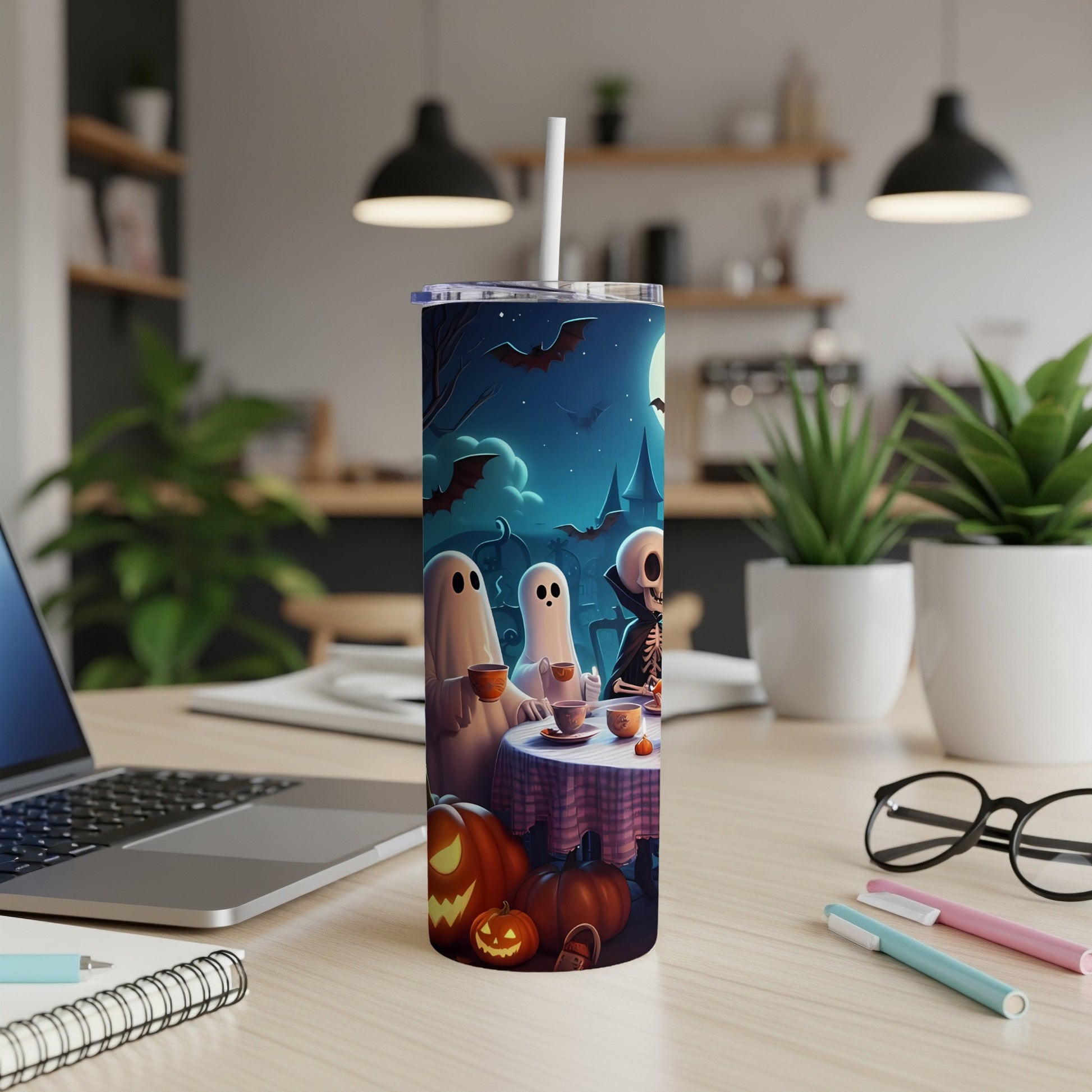 Halloween tumbler with ghosts, skeleton, pumpkins, and bats under a full moon.