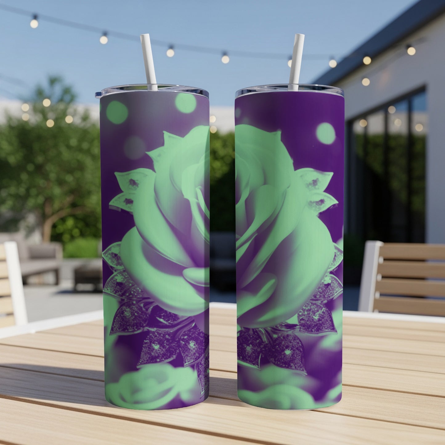 Purple and green rose design on two travel tumblers with straws.