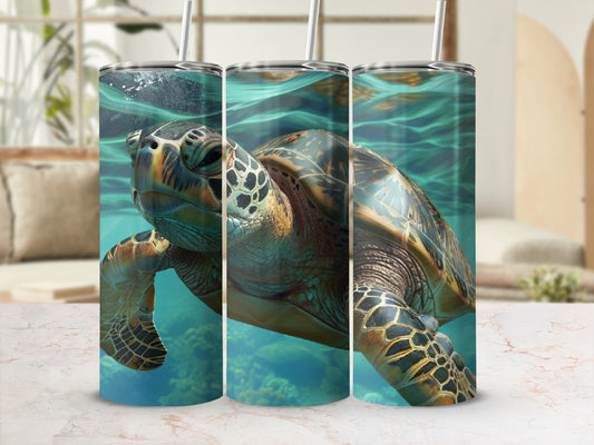 Three tumblers featuring a sea turtle swimming underwater.