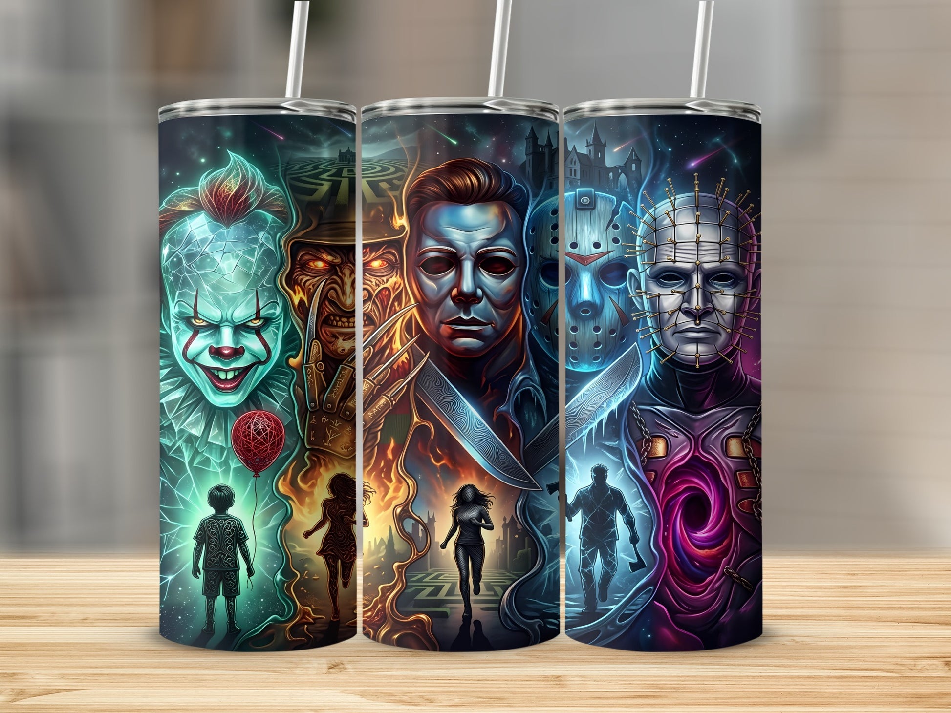Tumblers featuring horror icons Pennywise, Freddy Krueger, Michael Myers, Jason Voorhees, and Pinhead.