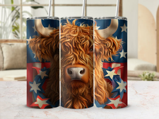 Highland cow with American flag and stars on a tumbler.