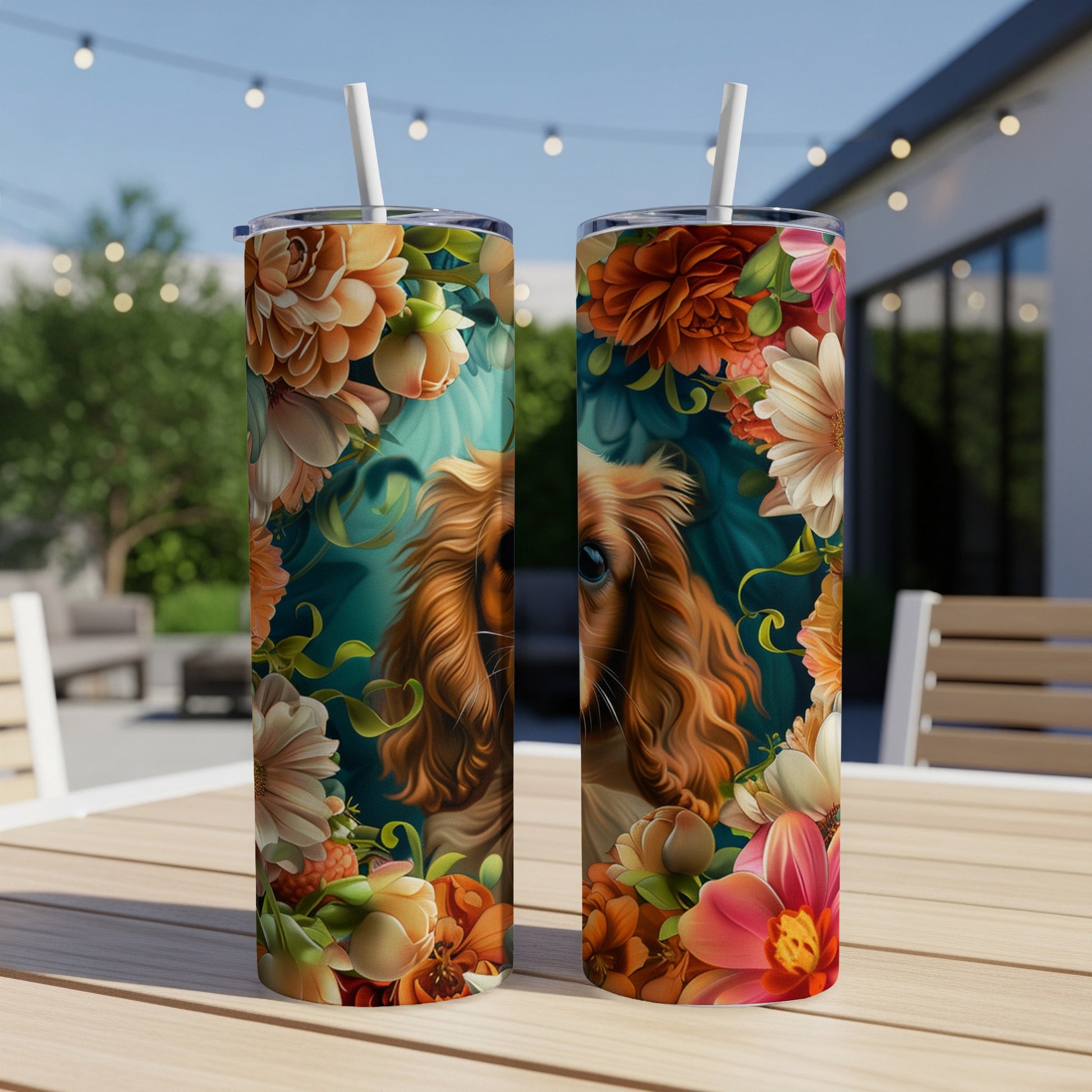 Two floral-framed tumblers featuring a long-haired dog with a straw.