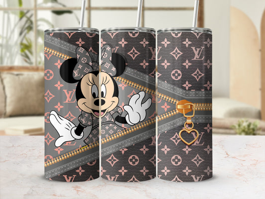 Minnie Mouse tumbler with LV monogram pattern and gold zipper detail.