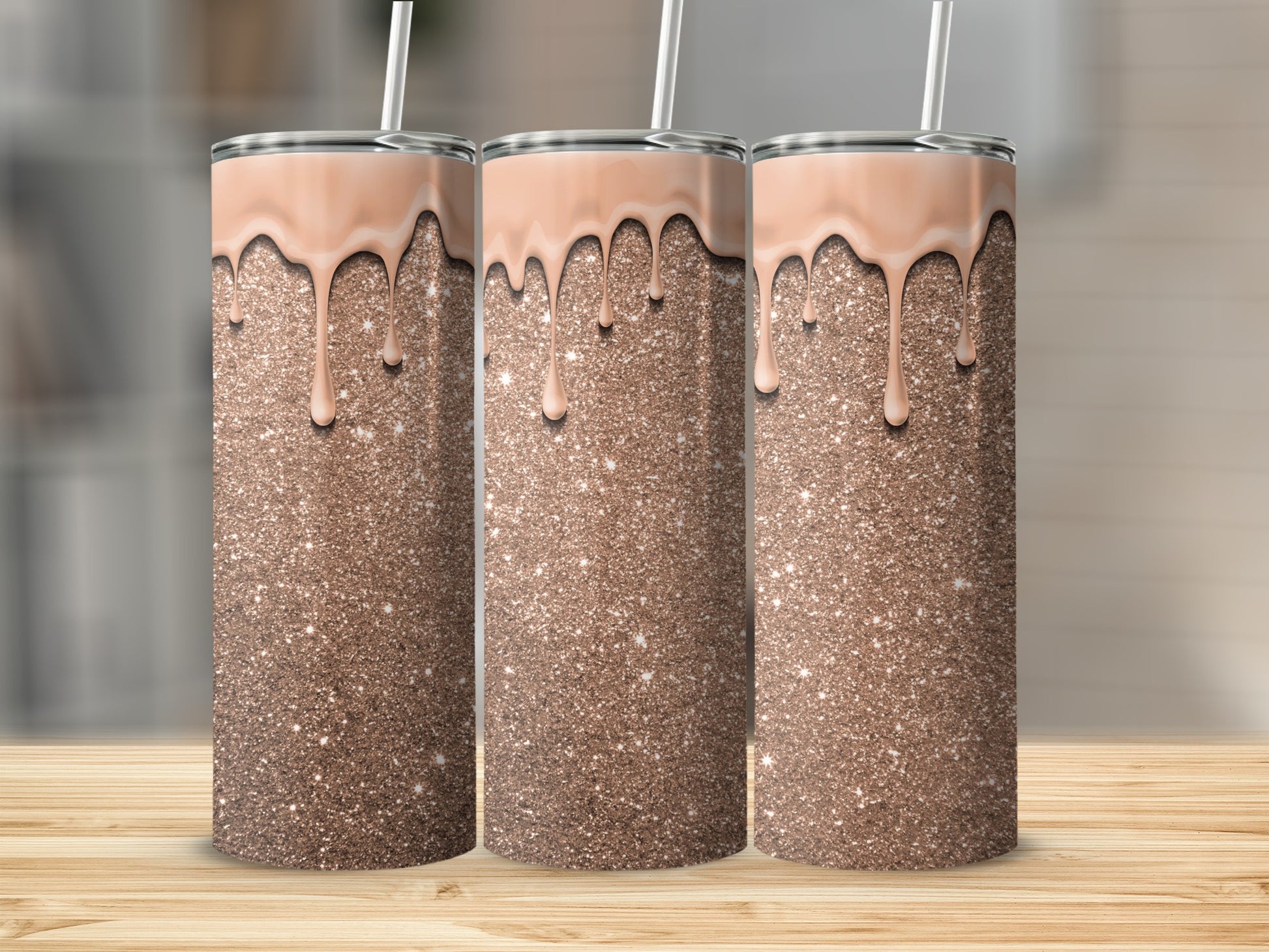Glittering Rose Gold Tumbler with Dripping Design