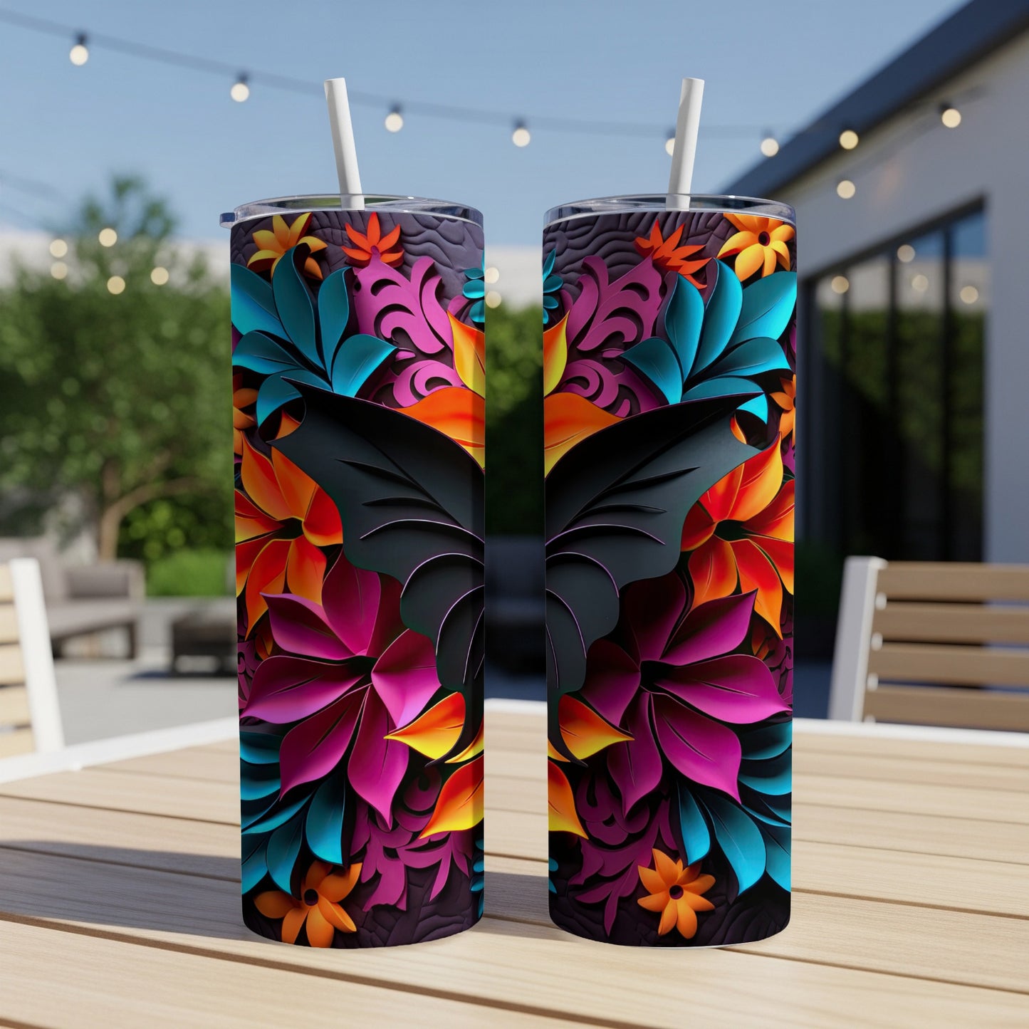 Two tumblers with vibrant floral and butterfly wing designs on a wooden table outdoors.