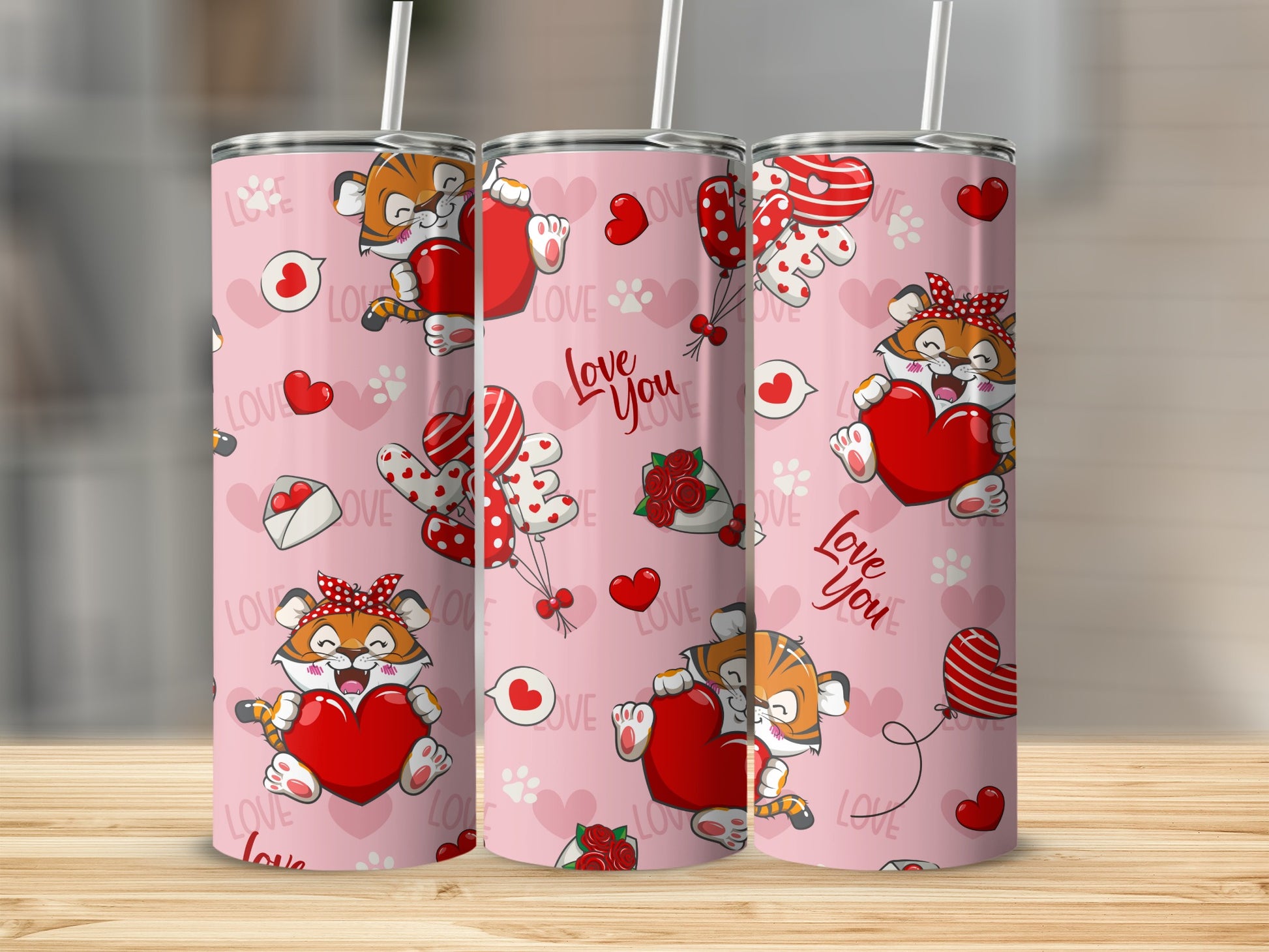 Love You Cute Cat and Hearts Pink Tumbler Design