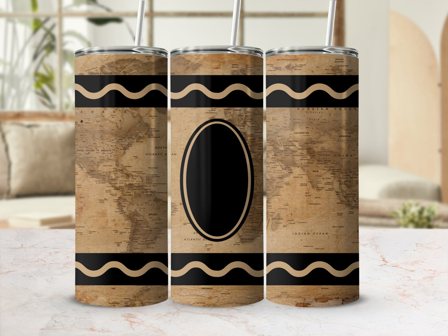 Travel tumbler with vintage world map design and black wavy stripes.
