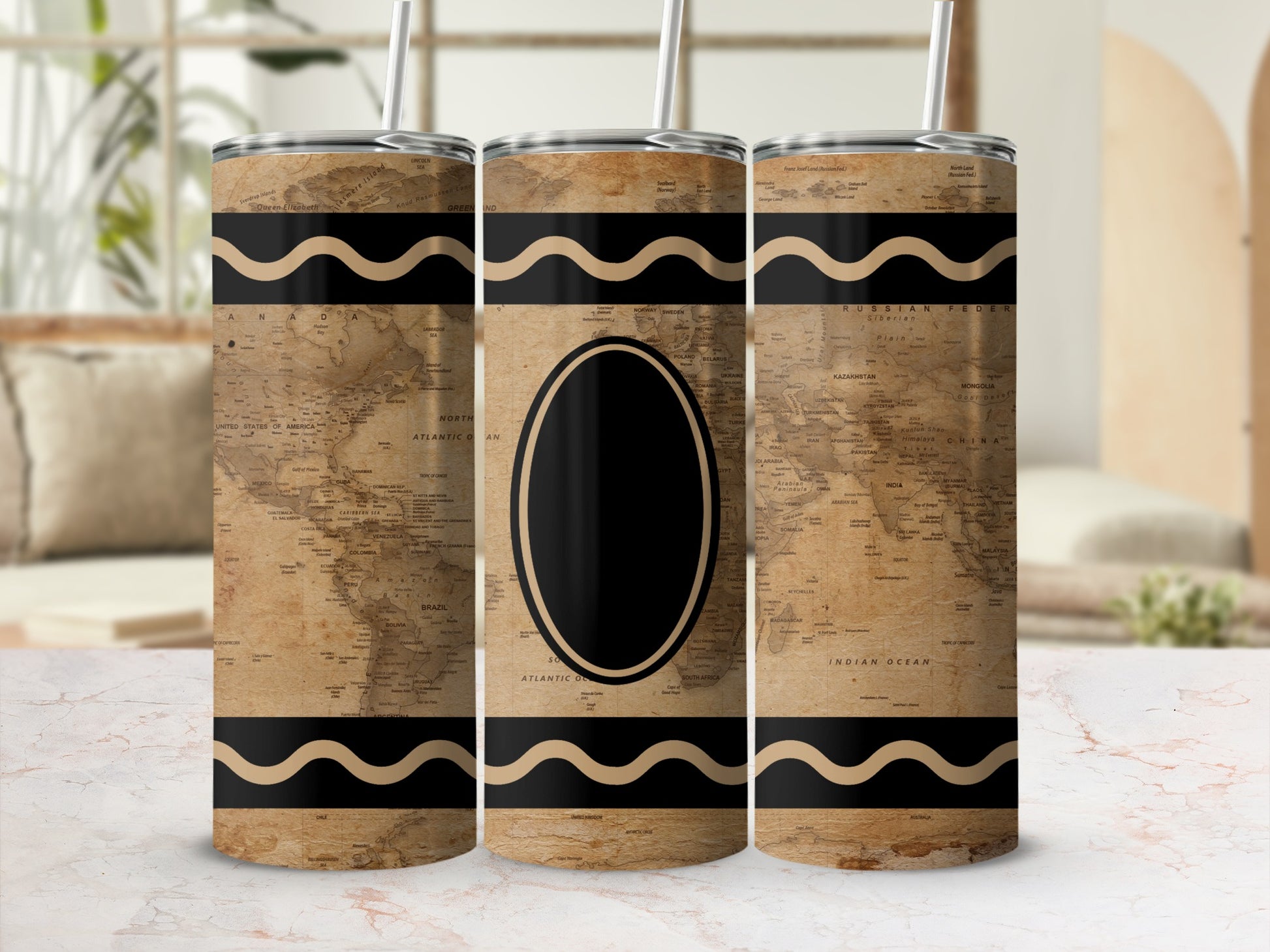 Travel tumbler with vintage world map design and black wavy stripes.