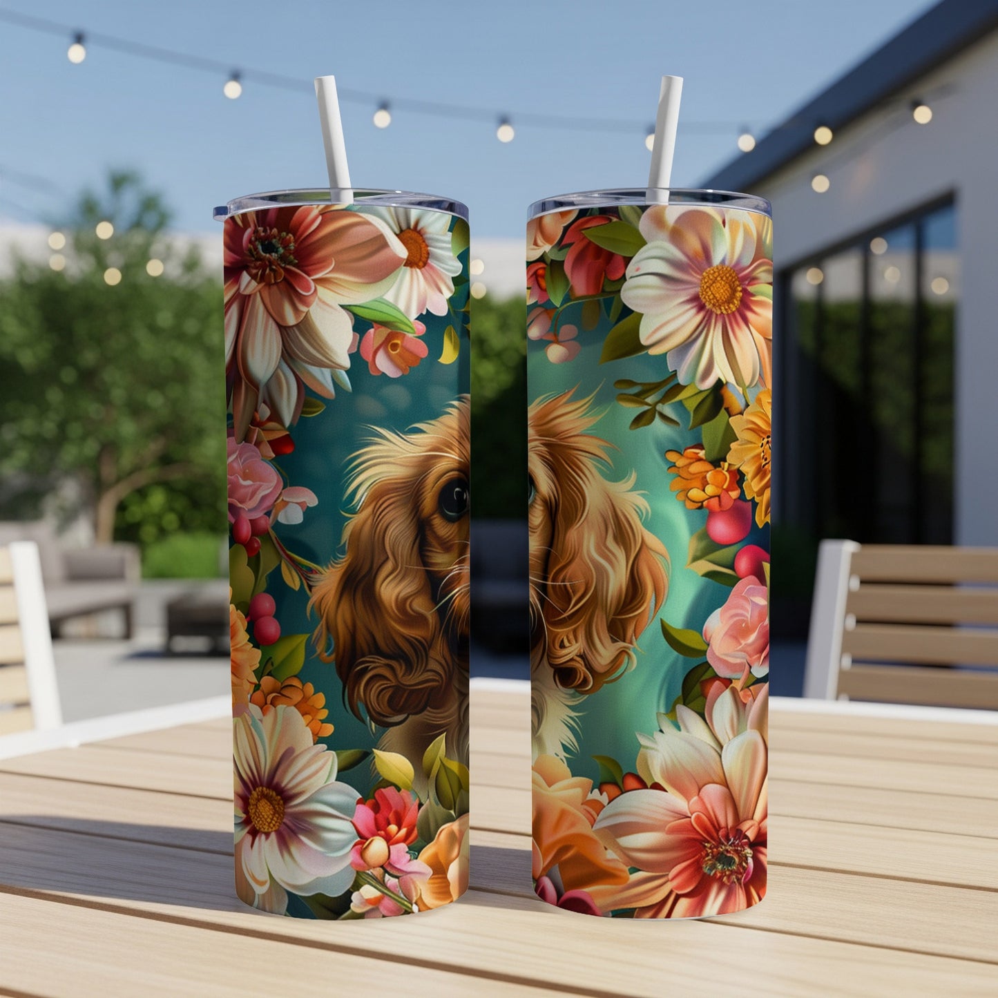 Cavalier King Charles Spaniel surrounded by vibrant floral illustrations on a skinny tumbler.