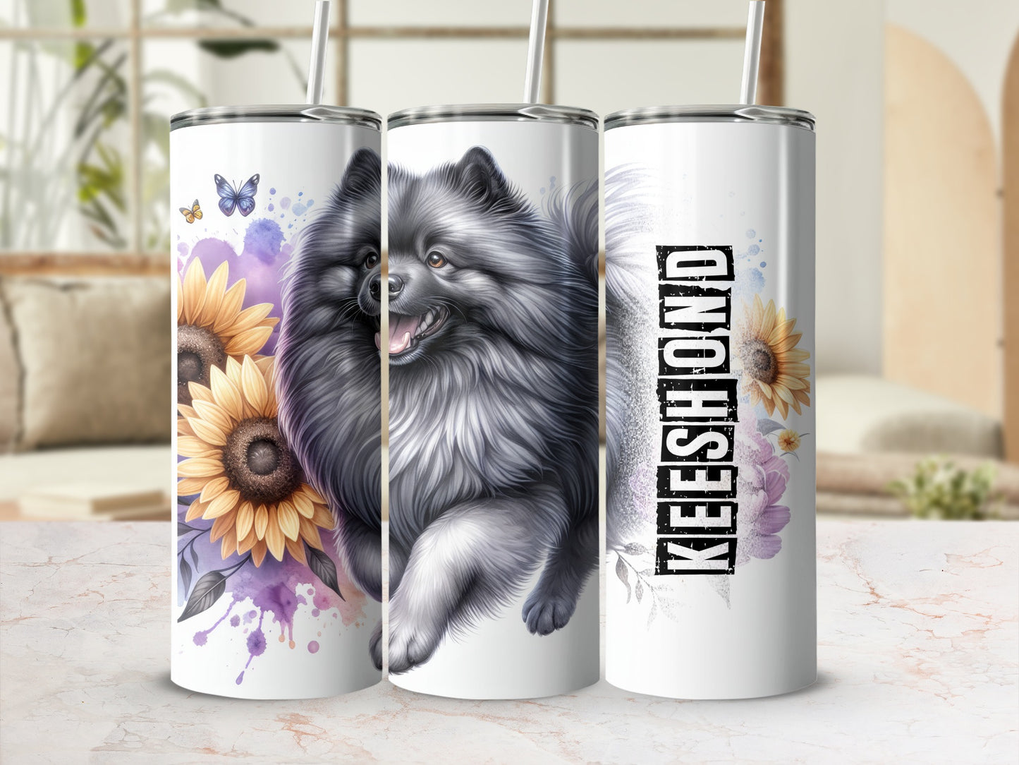Three tumblers with a fluffy gray dog and sunflowers.