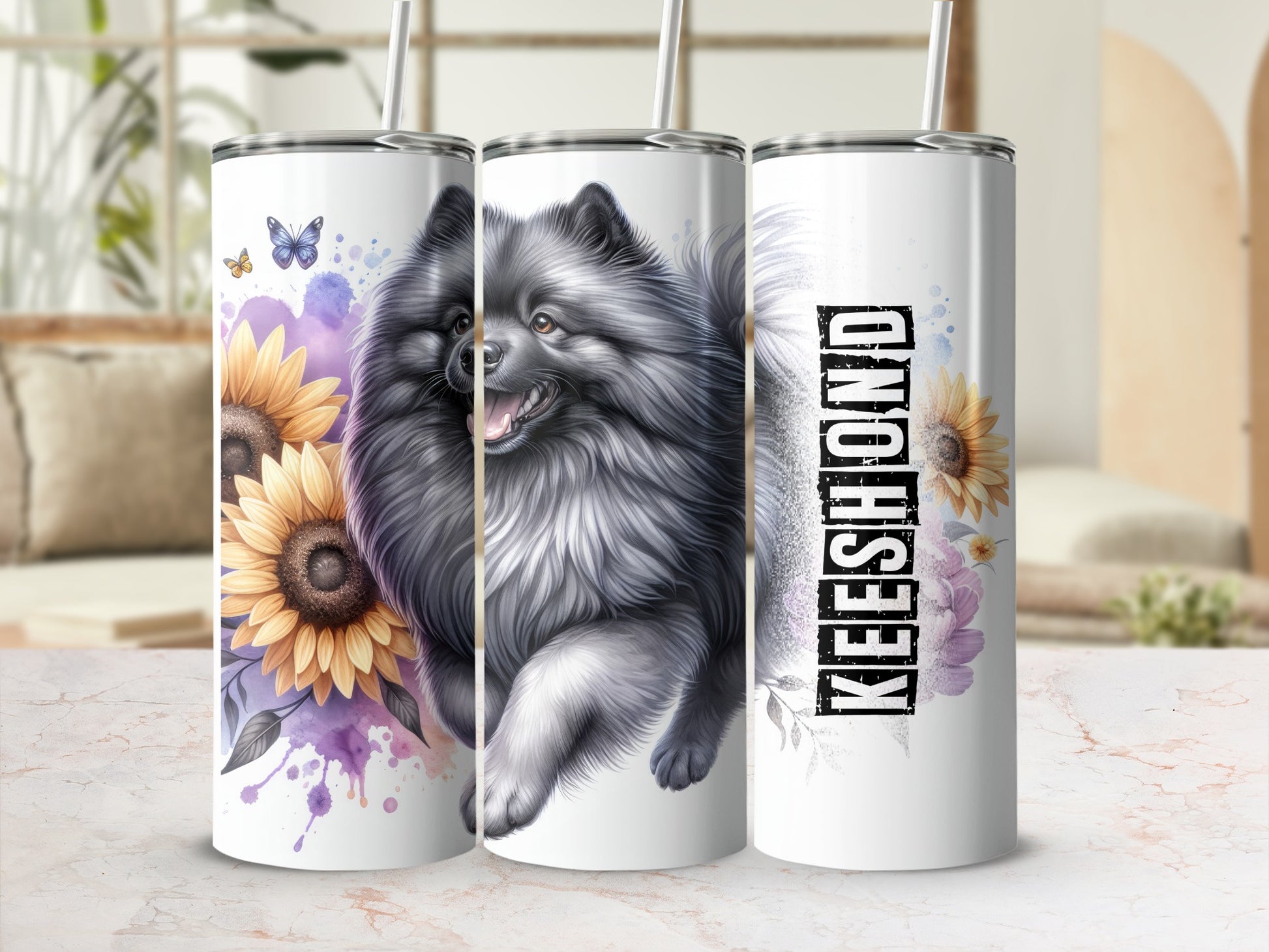 Three tumblers with a fluffy gray dog and sunflowers.