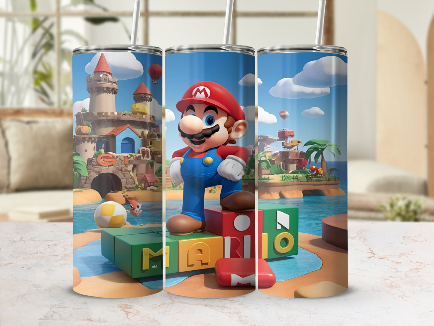 Mario standing on "MARIO" blocks with Peach's Castle in the background.