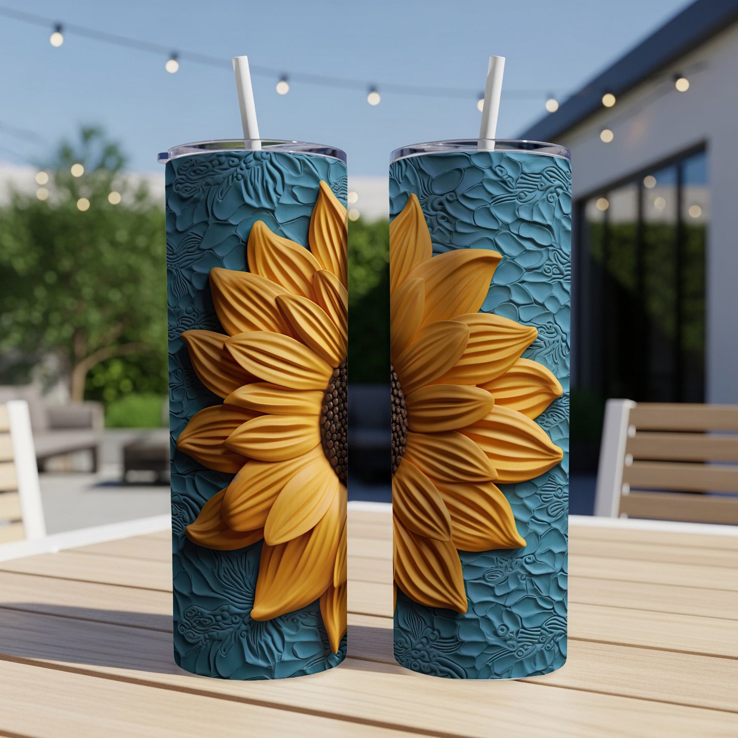 Two tumblers with a raised yellow sunflower design on a textured blue background.