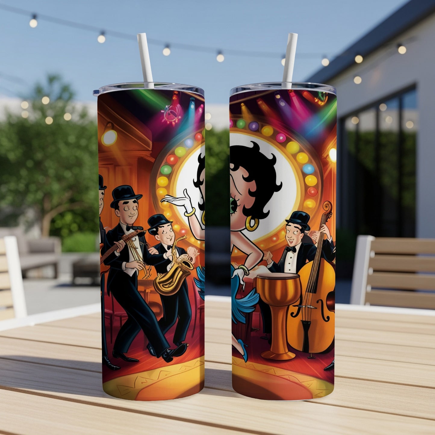 Betty Boop and band performing on a stage with colorful lights.